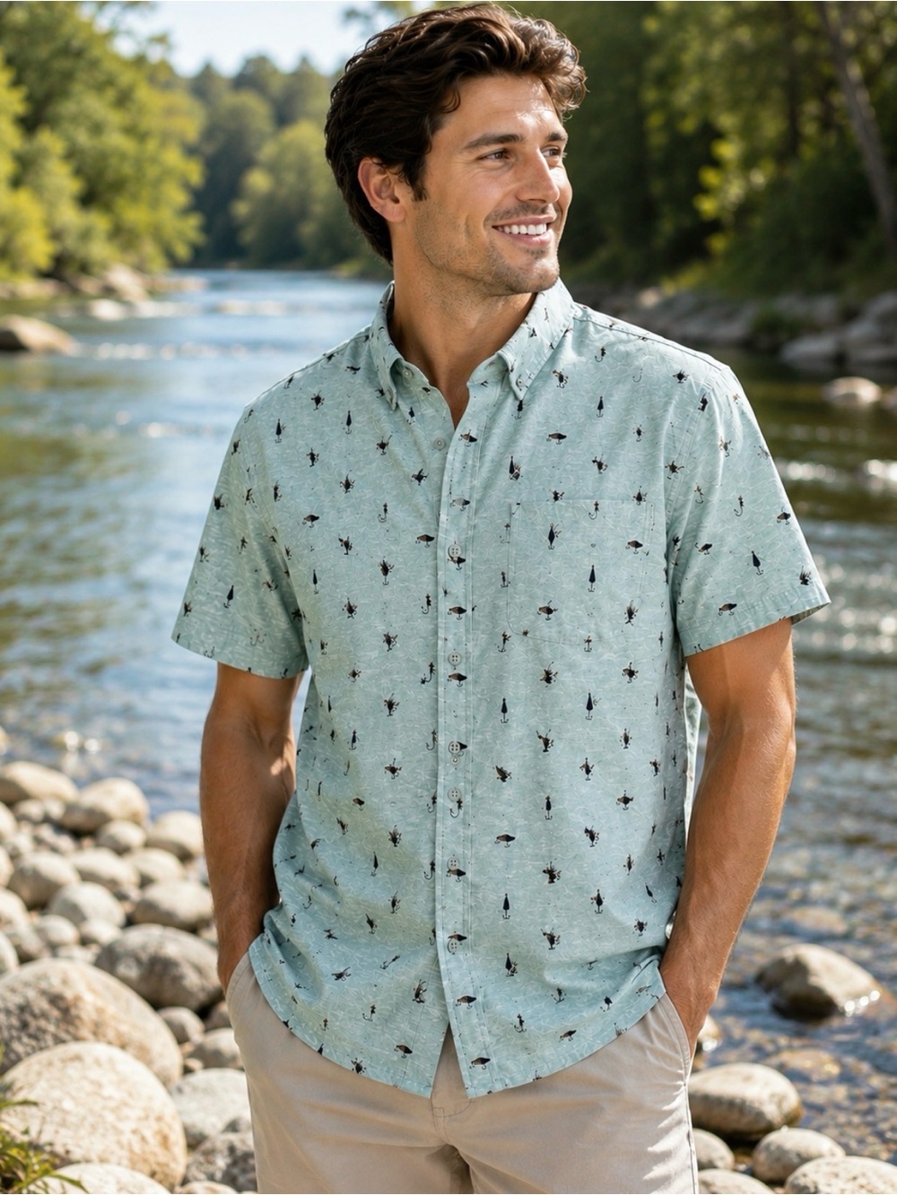 United By Blue XL Hemp Organic Cotton Fishing Lure Print Button Shirt Mint Green